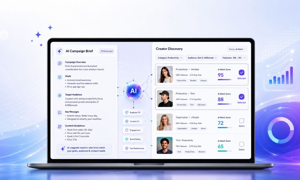AI-powered influencer marketing dashboard showing automated campaign brief creation, creator discovery, match scores, and selected creator profiles on a laptop screen.