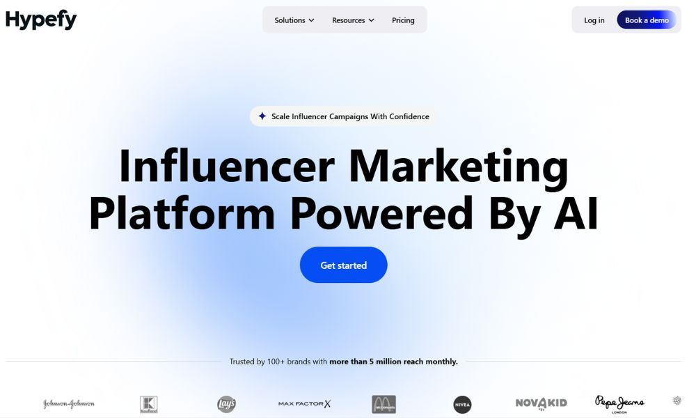 Hypefy homepage hero on a soft blue gradient headlined Influencer Marketing Platform Powered By AI, with a Get started button and a row of brand logos including Nivea and Pepe Jeans.