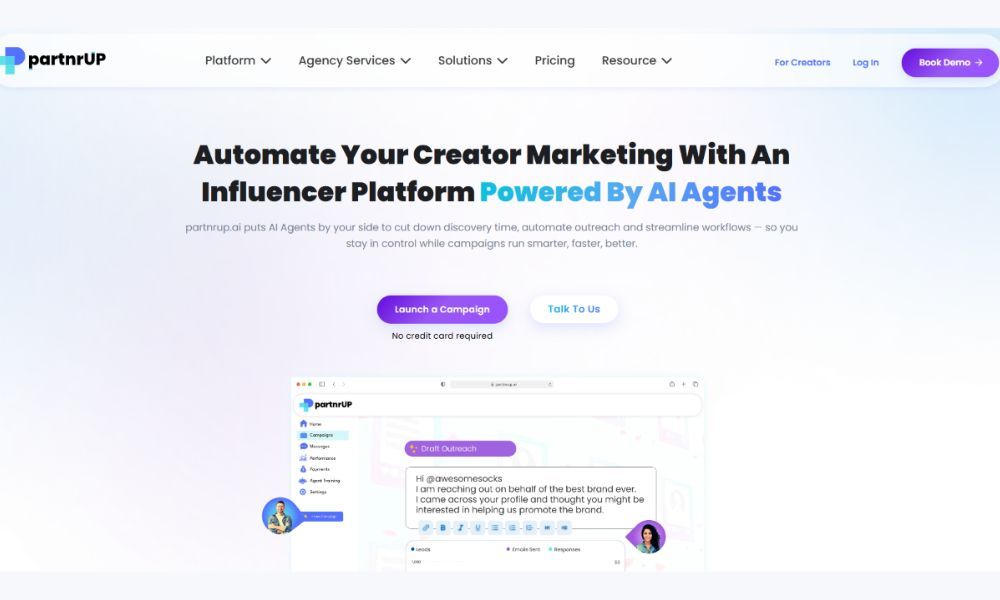 partnrUP homepage hero on a light gradient about automating creator marketing with AI agents, with a product screenshot showing an AI-drafted outreach message.