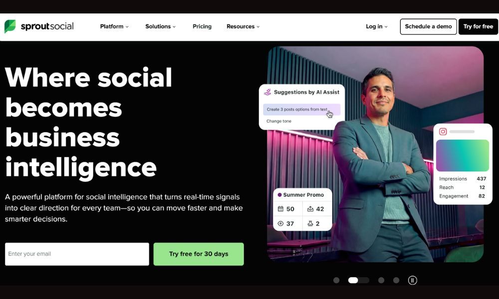 Sprout Social homepage hero on a dark background headlined Where social becomes business intelligence, with a person photo and callouts for AI Assist suggestions and post metrics.