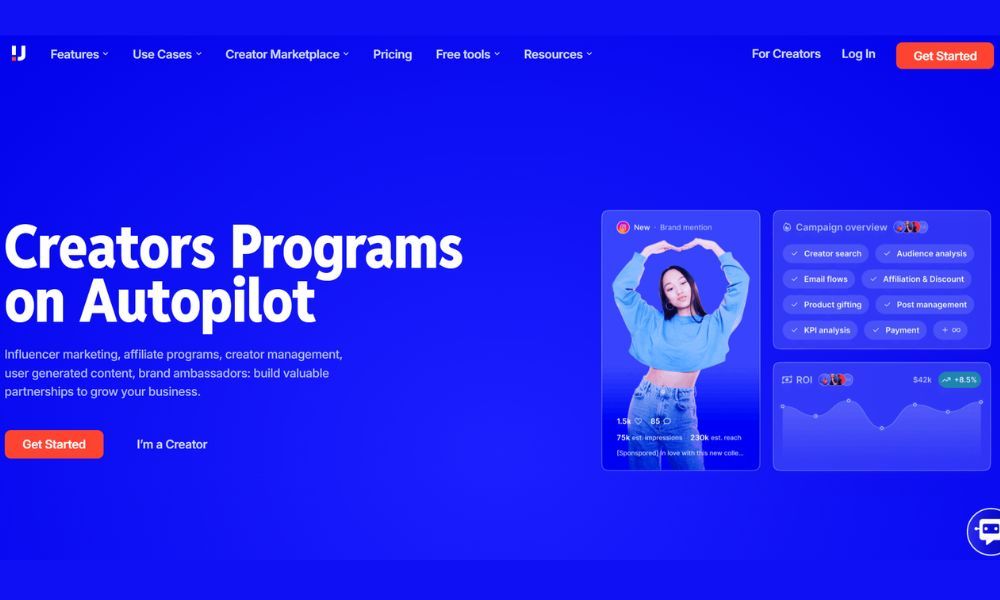 Upfluence homepage hero on a blue background headlined Creators Programs on Autopilot, with product cards showing a creator brand mention, a campaign overview, and an ROI chart.