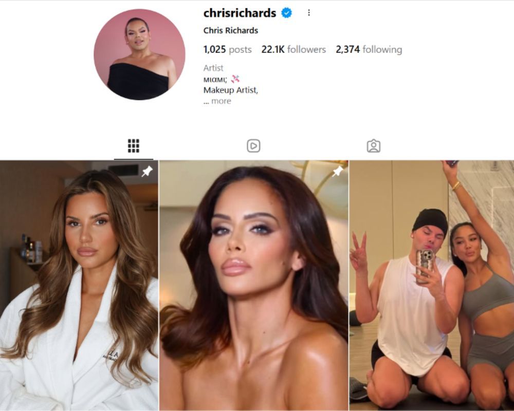 A verified Instagram profile for a makeup artist, showing follower count, bio details, and a grid of beauty and lifestyle posts.