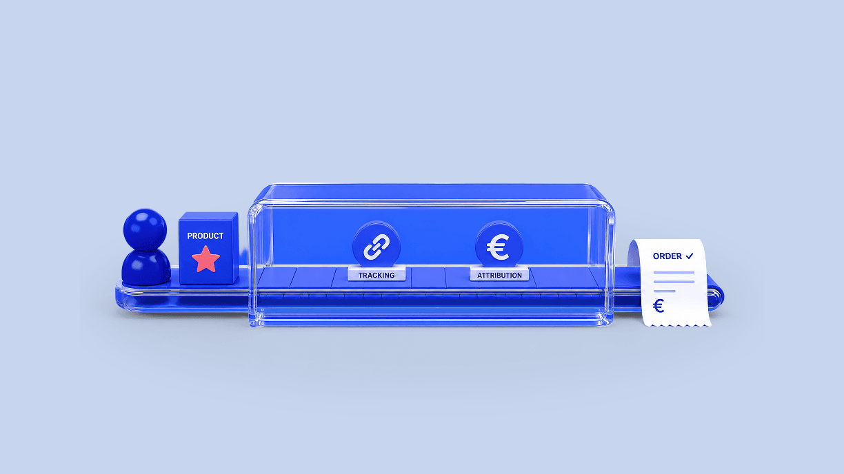 3D illustration of an e-commerce influencer marketing order with product tracking, attribution, and sales revenue.