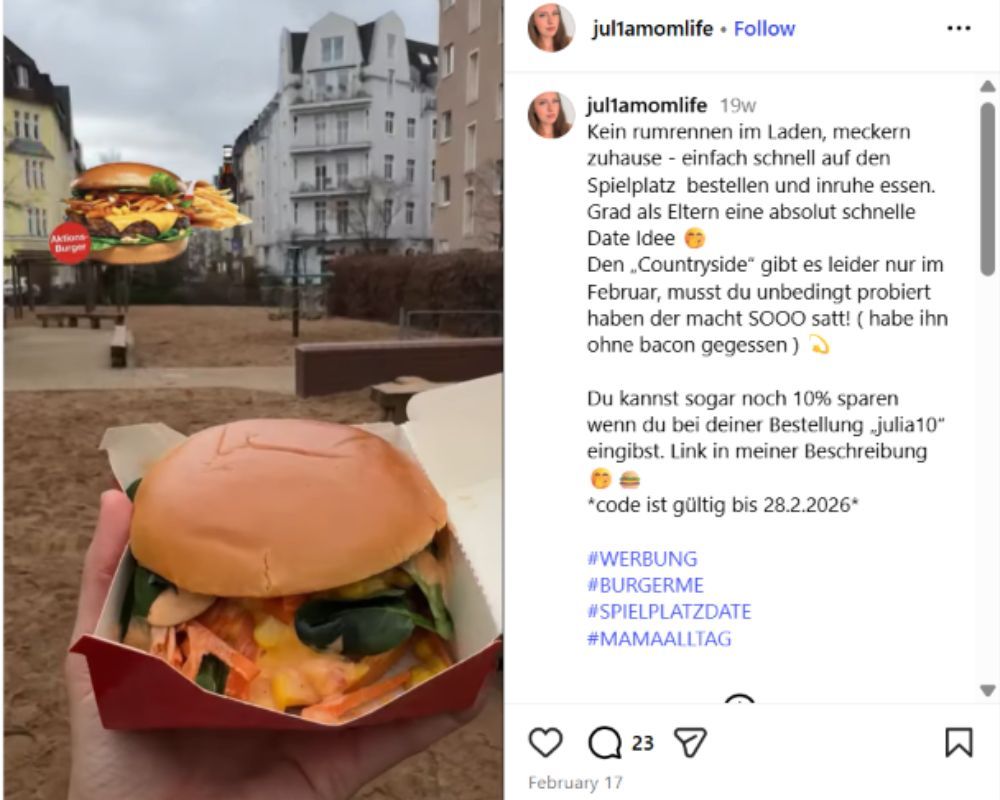 Instagram post from a burgerme influencer campaign showing a promoted burger product launch.