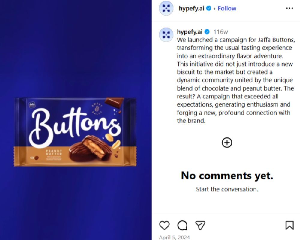 Instagram post from Hypefy showing the Jaffa Buttons product launch campaign.