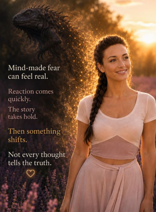 AI influencer portrait with the text “My mind made fear.”