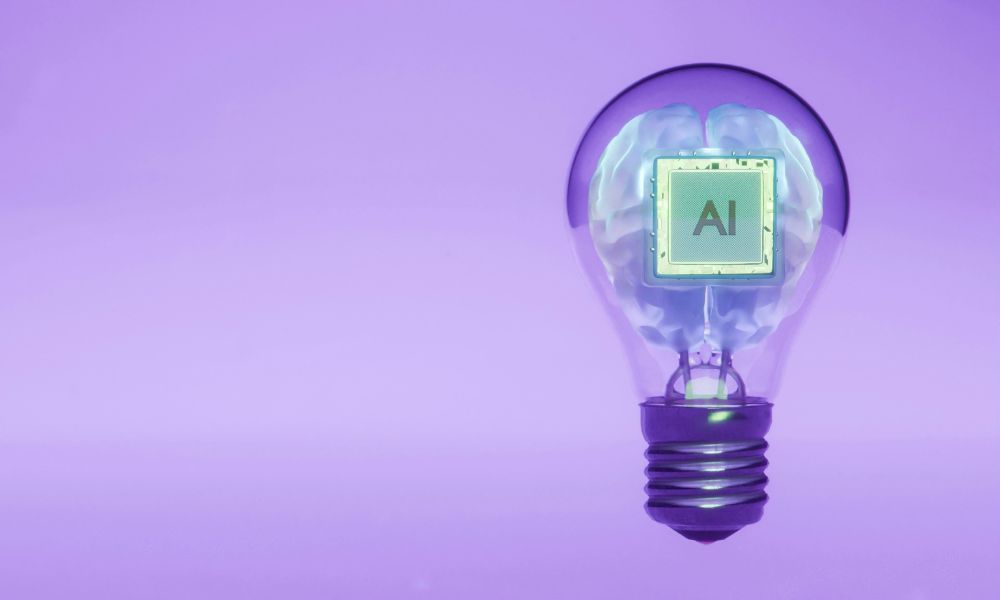 AI chip inside a glowing light bulb on a purple background, representing artificial intelligence ideas and innovation.