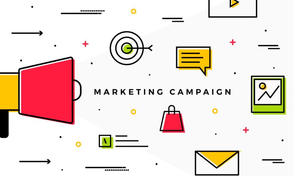 Illustration of a marketing campaign with a megaphone, target, shopping bag, message, and email icons.