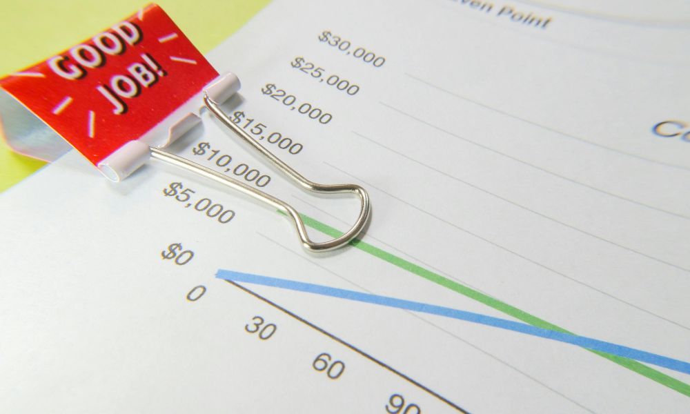 Financial performance chart with a Good Job binder clip attached above revenue and cost projections