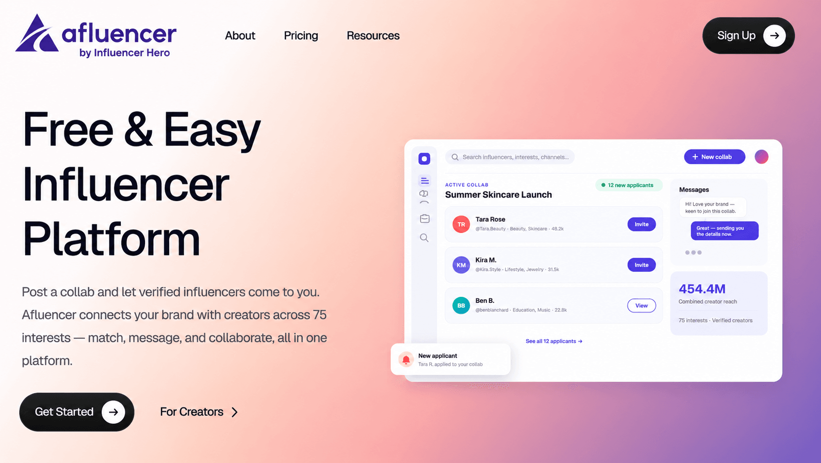Afluencer influencer marketing platform homepage featuring a creator collaboration dashboard, verified influencer applicants, messaging tools, and campaign reach data.