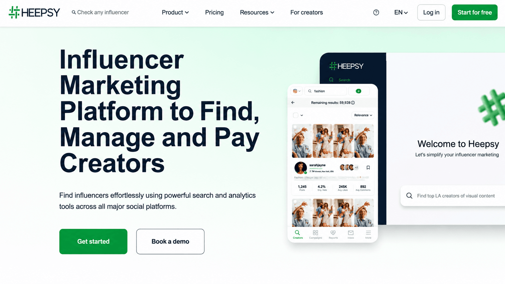 Heepsy influencer marketing platform homepage featuring tools to find, manage, and pay creators, with influencer search and analytics interface previews.