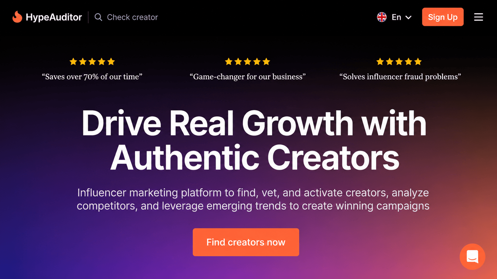 HypeAuditor influencer marketing platform homepage featuring the headline “Drive Real Growth with Authentic Creators,” customer reviews, and a call-to-action to find creators.