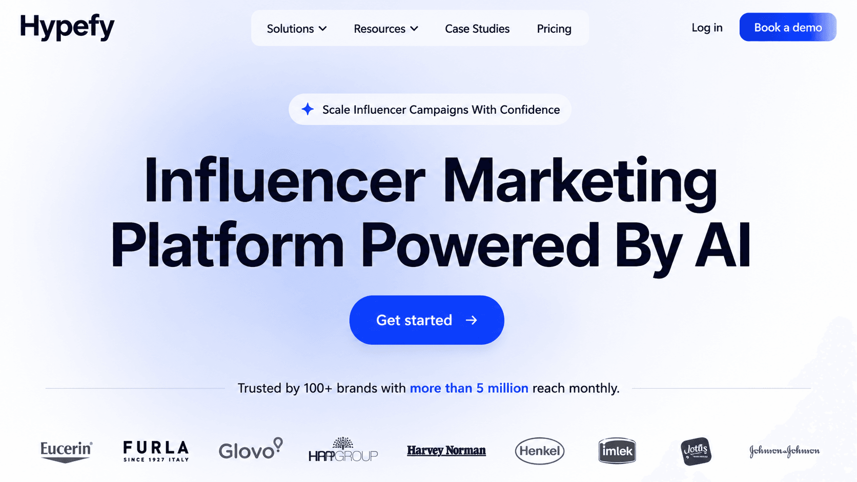 Hypefy AI-powered influencer marketing platform homepage featuring campaign scaling, a prominent call-to-action, and logos of trusted global brands.