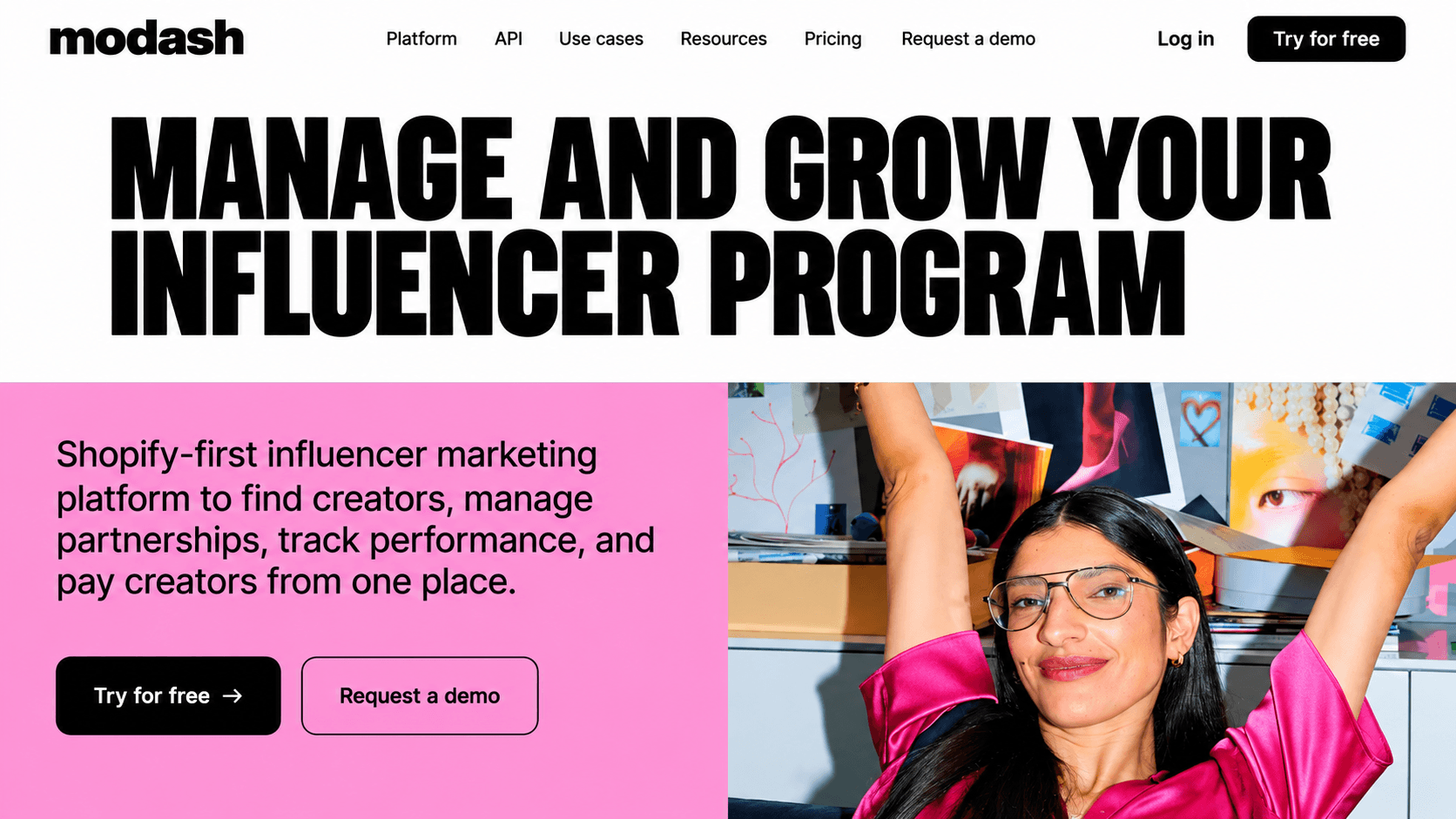 Modash influencer marketing platform homepage featuring the headline “Manage and Grow Your Influencer Program,” a creator image, and options to find creators, manage partnerships, track performance, and pay creators.