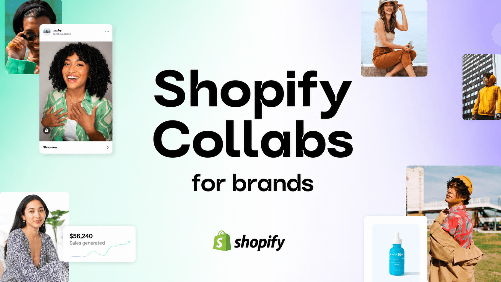 Shopify Collabs for brands promotional banner featuring creators, product content, sales data, and Shopify branding on a mint and lavender gradient background.