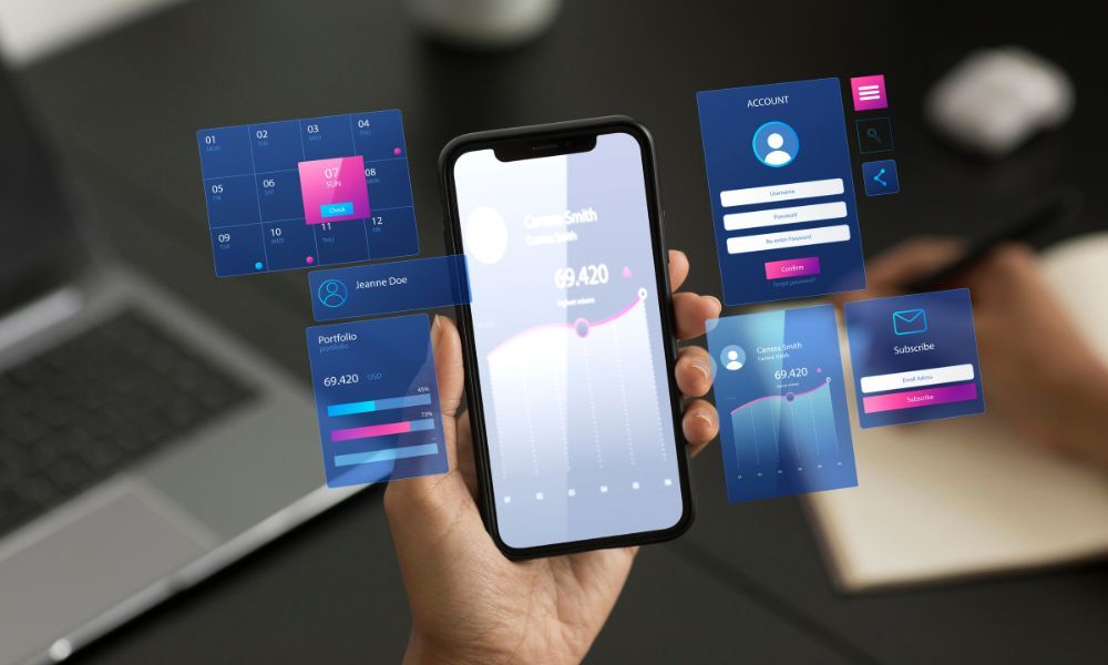 Hand holding a smartphone surrounded by floating mobile app interface elements including calendar, portfolio dashboard, account login, and subscription forms