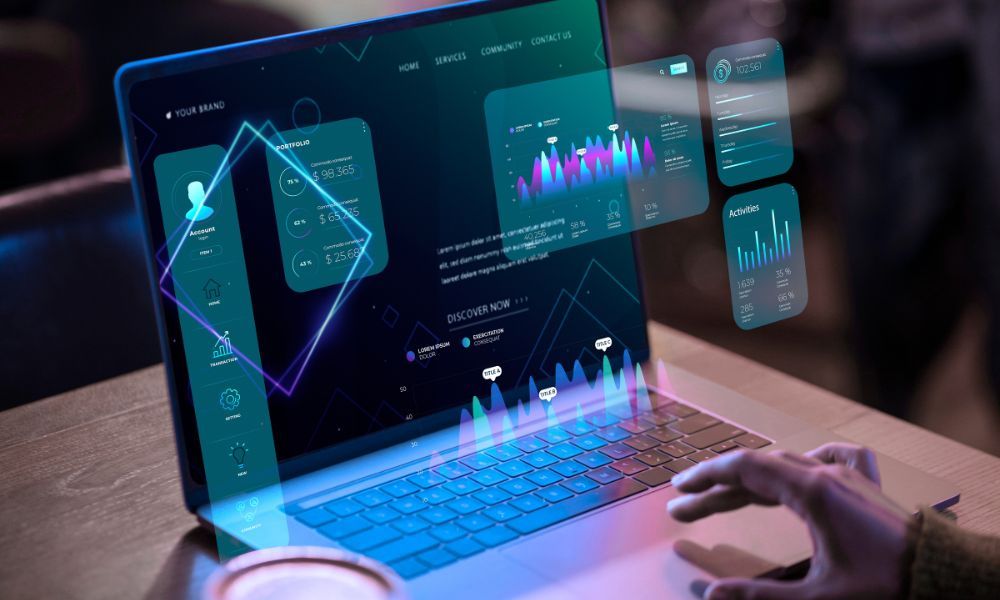 Laptop displaying a brand analytics dashboard with portfolio metrics, activity charts, and performance data overlays