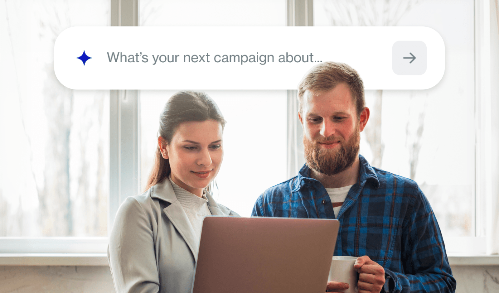 Two marketers reviewing a laptop together, with a search bar overlay reading "What's your next campaign about..." representing Hypefy's Semantic Selection brief input.